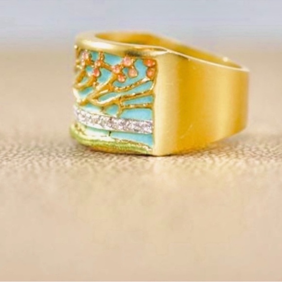 NIB 18k Gold Fire Opal and enamel tree of life Cherry blossom ring - Picture 3 of 16